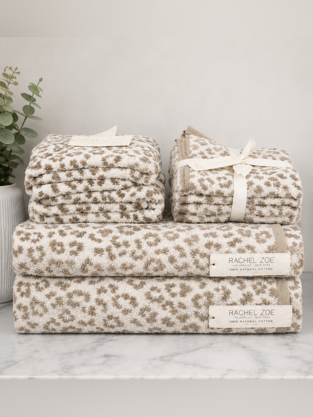 Rachel Zoe Beige & White Leopard Print 8-Piece Cotton Towel Set Reversible NWT